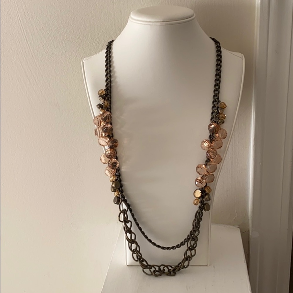 Loft statement peach Bead/Bronze chain necklace 35